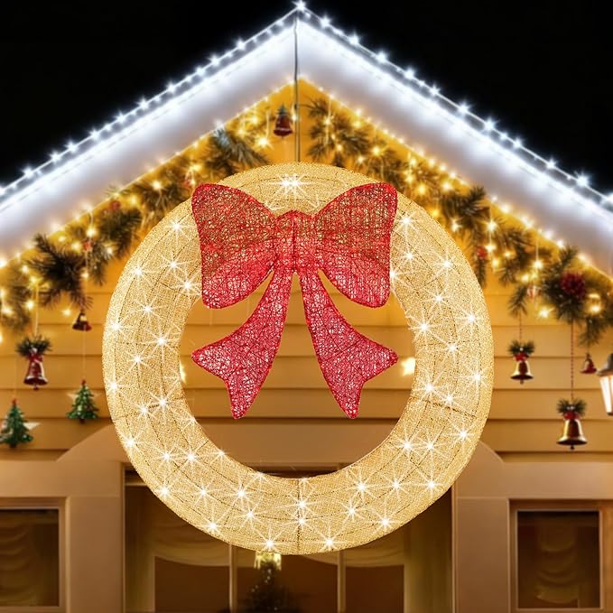 Sweetcrispy 36in Pre-Lit Christmas Wreath, LED Lighted Holiday Outdoor Decoration with Bow for Door, Mantel, Wall, Windows, Front Door Decor, Gold Wreath - Red Bow