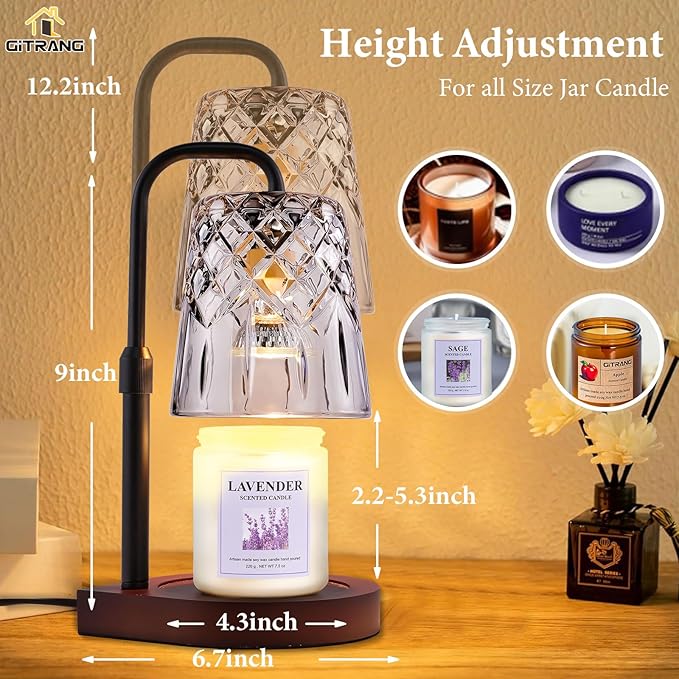 Candle Warming Lamp with Timer Dimmer, Adjustable Height Electric Wax Melt Warmer for Jar Candles with 3 Bulbs, Mother's Day Women's Home Decor Gift, Teardrop Base with Black Pole