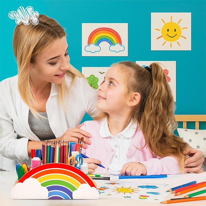 GAMENOTE Rainbow Wooden Desk Organizer – Natural Wood, No Smell, Childfriendly Pen Pencil Holder Caddy for Office Supplies, Classroom,Study Area– Cute Storage for Kids Present