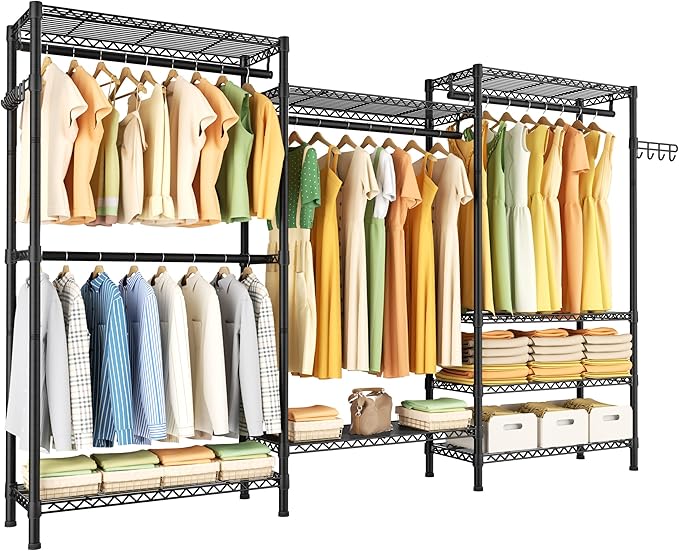 Heavy Duty Garment Rack Clothes Rack,Large Metal Closet Organizer System Storage Wardrobe,Freestanding Clothing Rack with 8 Adjustable Wire Shelves&4 Hang Rods,MaxLoad 800lbs