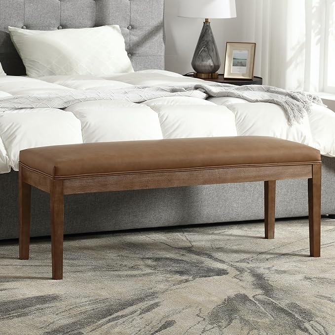 Upholstered Entryway Bench Farmhouse Shoe Benches for Hallway Porch Bedroom Bench for End of Bed Dining Bench for Dining Table Dining Room Kitchen Window with Wood Legs, PU Leather, Brown