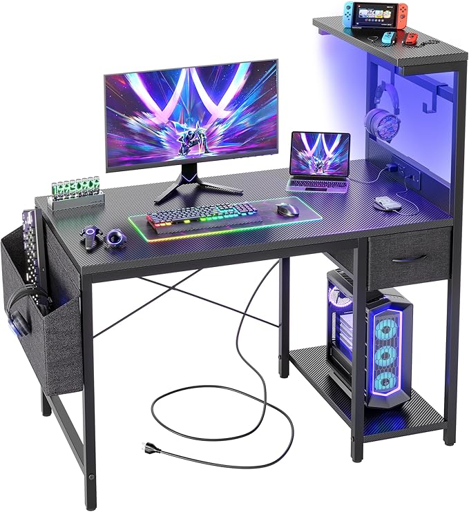 TIQLAB Gaming Desk 40 inch with Power Outlet and LED Light, Computer Desk with Reversible Shelves and Storage Drawer, Small PC Desk for Home Office Table with Bag, Carbon Fiber Black