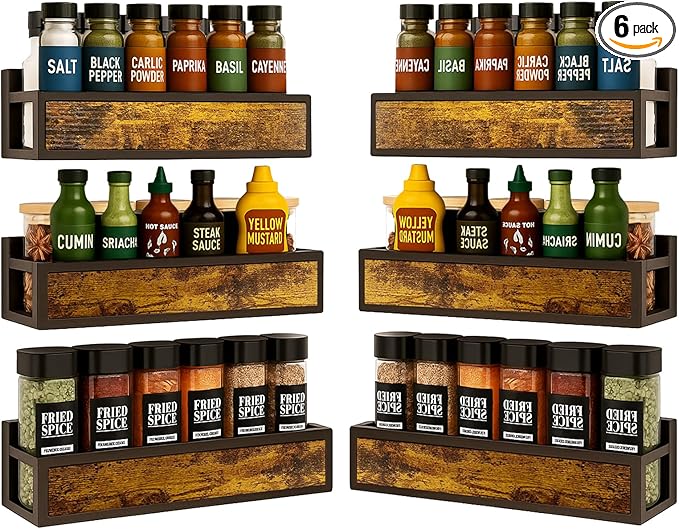 Spice Rack Wall Mount 6 Pack, Space-Saving Seasoning Organizer,Screw or Adhesive Hanging Spice Rack Organizer for Kitchen Cabinet and Wall (Engineered Wooden)