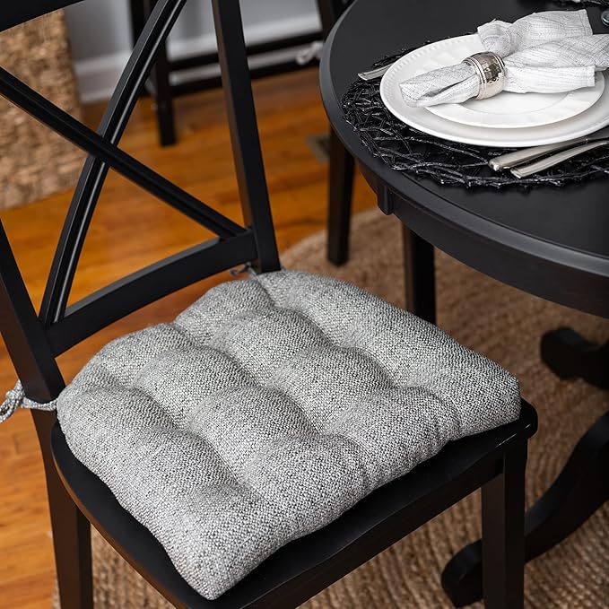 Barnett Home Decor Brisbane Silver Grey Dining Chair Cushions with Ties - 16.5 x 18 Size Medium Chair Pad - Latex Foam Fill, Reversible - Made in USA (Gray)