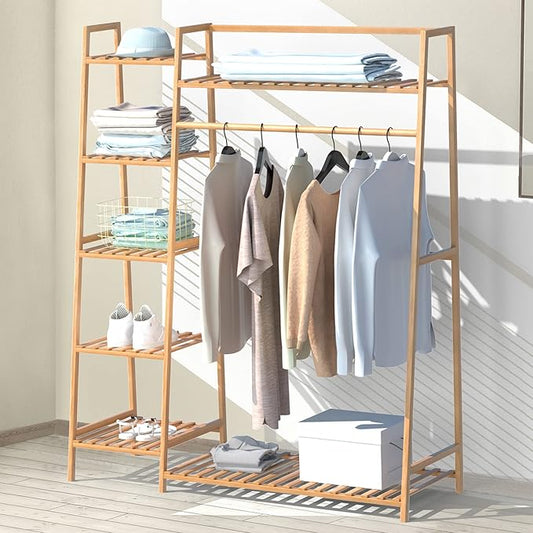RELIANCER Bamboo Clothing Garment Rack,Free Standing Clothes Coat Hanger,Closet Organizer w/Shoe Rack,Multi-tiered Wardrobe Storage Shelves,Clothes Hanging Racks for Hall,Living Room,Bedroom,Entryway