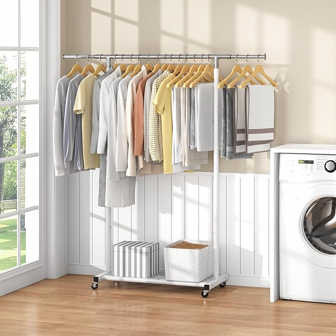 JIUYOTREE Rolling Clothes Rack with Dense Mesh Storage Shelf Clothing Garment Rack with Wheels Width Adjustable Clothing Organizer for Hanging Clothes Shirts Pants Skirts and Bags White