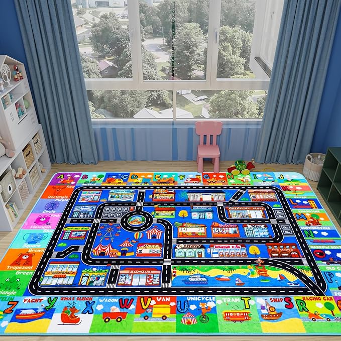 Kids Rugs for Toy Cars Playroom 78.7"×59" ABC Transportation Animals Play Mat Educational Mat Alphabet Area Rug Public Buildings Kids Playtime Collection Toddler Learning Carpet