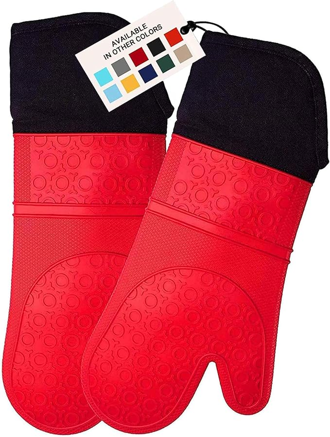 BPA-Free Soft Silicone Oven Mitts - Ultra Heat Resistant Oven Mitts with Thick Cotton Liner - Extra Long Slip Resistant Pot Holders, Flexible Oven Gloves - Red/Black 14.7"