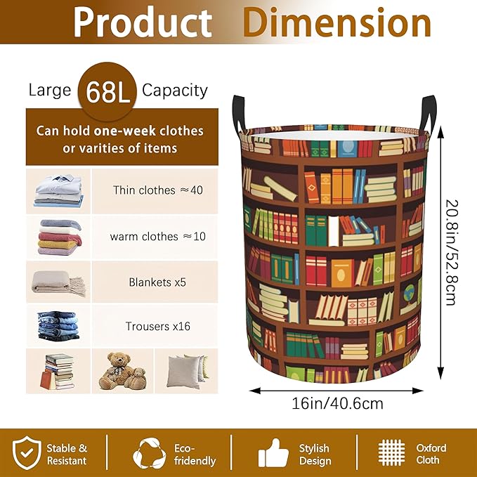 Library Book Shelf Pattern Laundry Basket,Waterproof Foldable Laundry Hamper,Dirty Clothes Laundry Basket, Linen Bin Storage Organizer for Toy Collection 16" x 20"