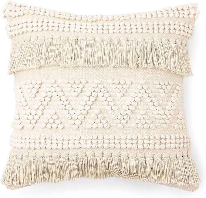 REDEARTH · Boho Textured Throw Pillow Cushion Covers - Woven Tufted Decorative Farmhouse Cases Set for Couch - Bed - Chair - Dining - Patio - Outdoor - 100% Cotton (18"x18" - Natural) Pack of 2