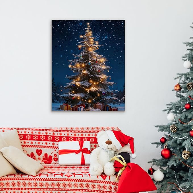 Framed Christmas Pictures Wall Decor,Vintage Pine Tree Prints,Winter Christmas Canvas Wall Art Decoration for Bedroom Bathroom Living Room Rustic Xmas Holiday Gifts (Christmas Tree 13, 16'' X 20'')