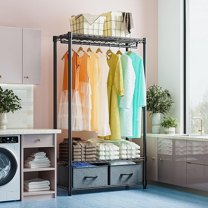 IZEUK Heavy Duty Clothes Rack with Drawers, Metal Freestanding Garment Rack for Hanging Clothes with 1 Rod & 2 Drawers, Adjustable Closet Wardrobe Organizer, 15.7" D x 35.5" W x 72.4" H, Dark Grey