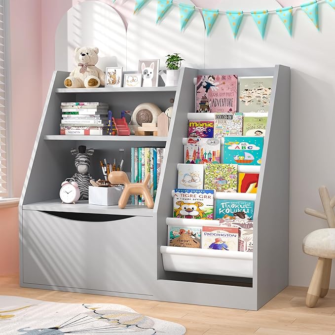 TOETOL Kids Bookshelf & Book Storage,3 Tier Wooden Toddler Bookshelf for Children,Nursery Book Shelves with 6 Sling,Organizer & Book Shelf for Kids Rooms,Bedroom,Playroom Gary