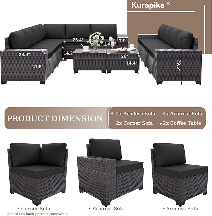 Kurapika 12 Pieces Patio Furniture Set, Rattan Wicker Outdoor Conversation Sets w/4 Inch Cushion and Glass Coffee Table(Black)