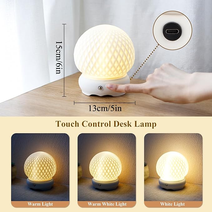JHY DESIGN Ceramic Spherical Decorative lamp 6" H Rechargeable Table Lamp Dimmable Touch Control Desk lamp for Home Bedroom Living Room Outdoors(Diamond Pattern)