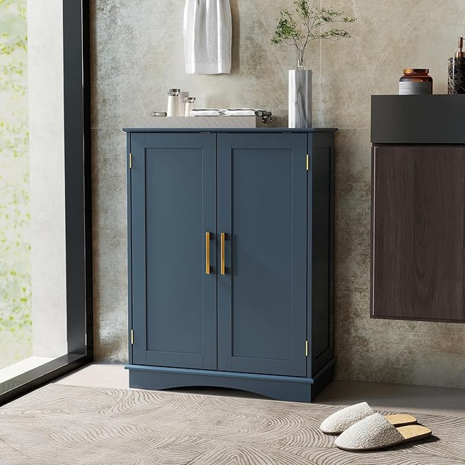 Tangkula Bathroom Floor Storage Cabinet, 31.5" H Freestanding Pantry Cabinet with 2 Doors and Adjustable Shelves, Kitchen Cupboard for Living Room, Dining Room, Bathroom (Navy Blue, 31.5" H)