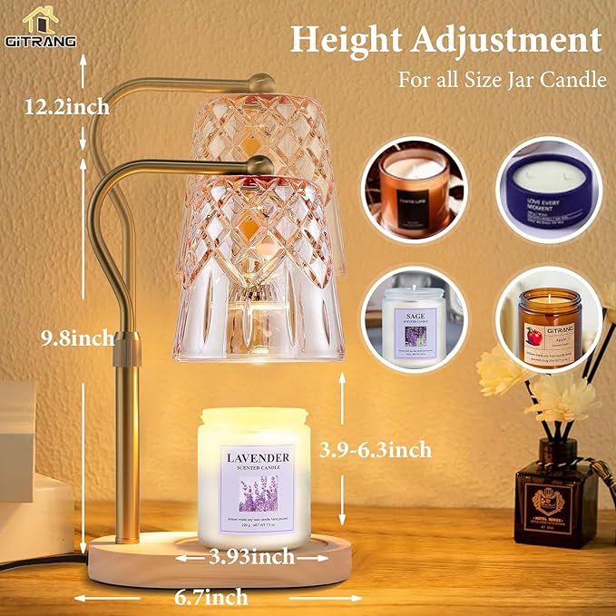 Candle Warming Lamp with Timer Dimmer, Adjustable Height Electric Wax Melt Warmer for Jar Candles with 3 Bulbs, Mother's Day Women's Home Decor Gift, Oval Base with Copper Color Pole