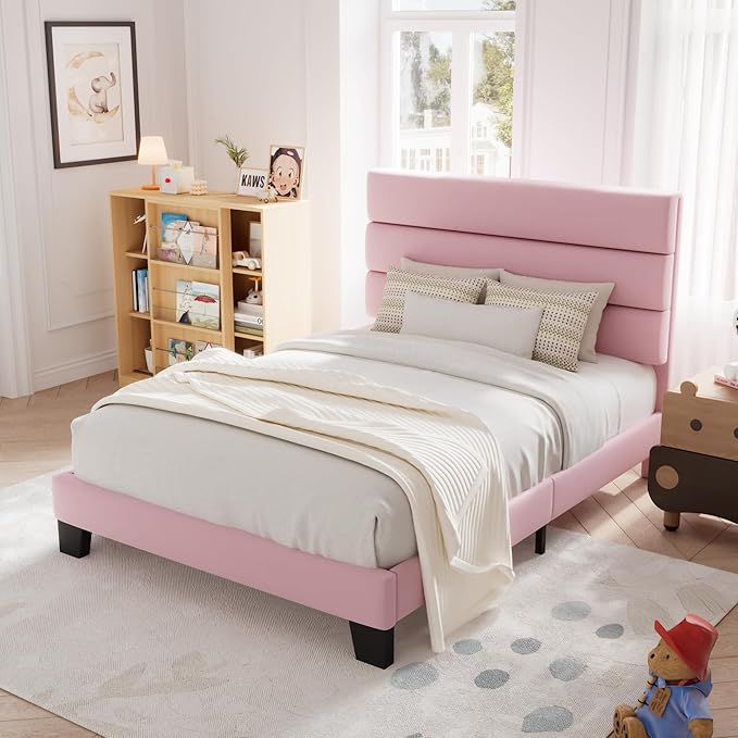 Allewie Twin Size Platform Bed Frame with Velvet Upholstered Headboard and Wooden Slats Support, Fully Upholstered Mattress Foundation/No Box Spring Needed/Easy Assembly, Pink