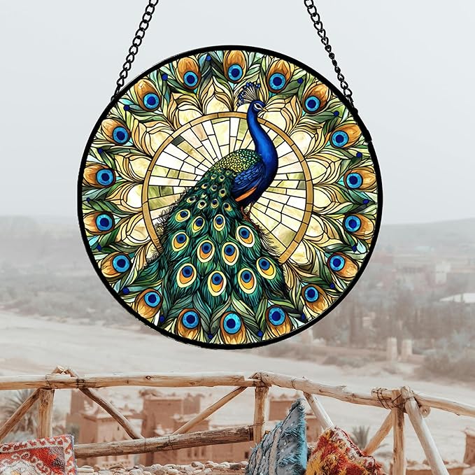 Stained Glass Window Hanging - Retro Peacock Decoration Suncatcher for Door Garden Home Bird Feather Sun Catchers Christmas Mother's Day Birthday Gifts for Women Men Mom Nana Friend 14.9 in