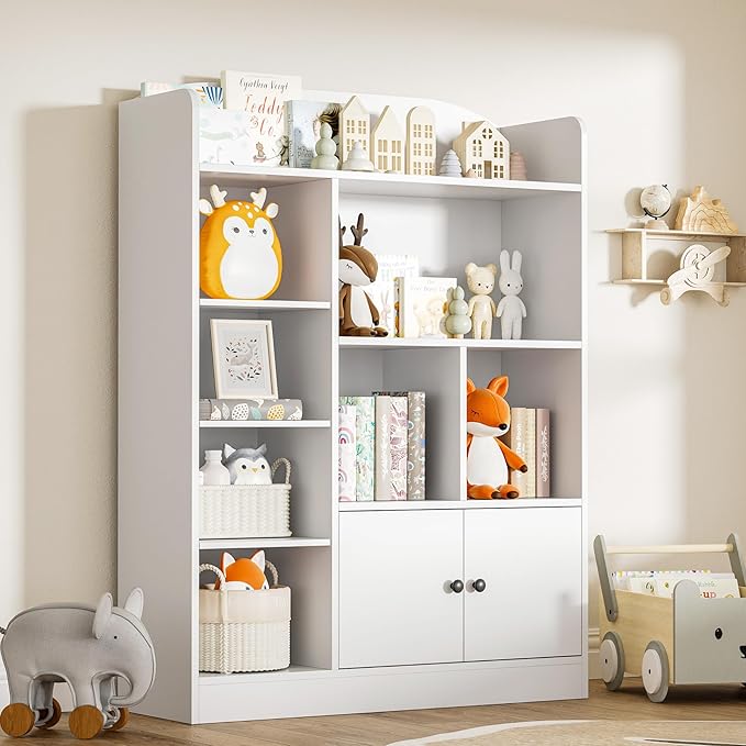 White Kids Bookshelf, Kids Bookcase with 7 Cubbies and 2 Cabinets, Freestanding Book Storage Shelves for Bedroom, Playroom, Hallway