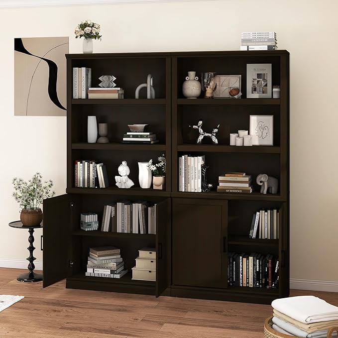 blini 5 Shelf Tall Bookcase with Doors Cherry Wood Bookshelf 31in Wide Display Standing Storage Shelf 72in Tall Wood Book Shelves for Bedroom Living Room Office Library