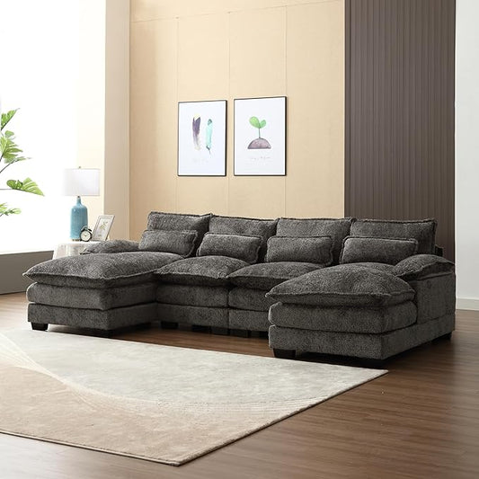 KEIKI 111" L-Shaped Chenille Modular Sectional Chenille Sofa with 2 Chaise Lounge & Memory Foam Cushion, Upholstered Modern Oversized 4-Seater Couch, Easy Assembly, for Apartment, Living Room, Gray