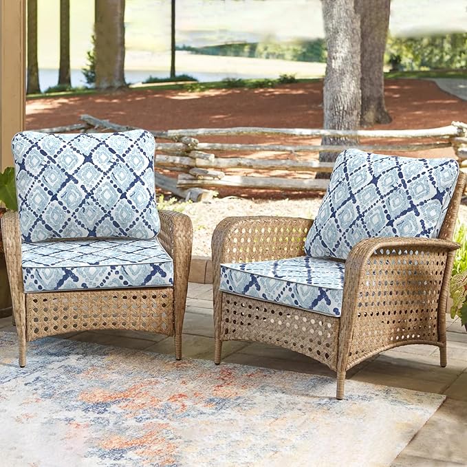 Outdoor Deep Seat Cushions Set 24 x 24 Inch for Patio Furniture,Water Resistant Chair Cushions Replacement Includes Seat Cushion & Back Pillow for Couch Sofa, Wicker Chair - Boho Geometry Blue