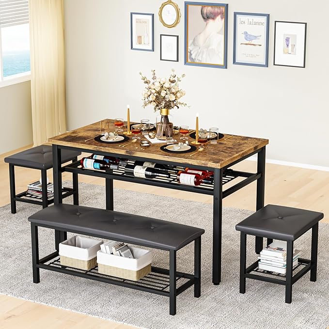 Lamerge Kitchen Tables Set for 4, Rectangular Dining Room Table Set with Bench and Stools, 4 Pieces Dining Room Table Set with Storage Rack for Small Space, Breakfast Nook and Apartment, Rustic Brown