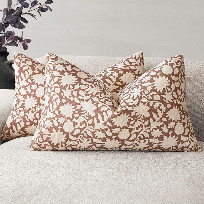 Foindtower Set of 2 Decorative Neutral Floral Throw Pillow Covers Accent Farmhouse Cushion Covers Boho Pillowcase for Couch Sofa Bedroom Living Room Home Decor Outdoor,12×20 Inch,Light Orange Brown