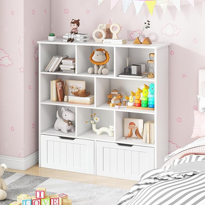 Toy Storage Organizer with Bookshelf, Large Toy Organizers and 2 Movable Drawers with Hidden Wheels and 8 Storage Cubbies, Kids Bookshelf and Toy Storage Chest, Playroom Furniture, White