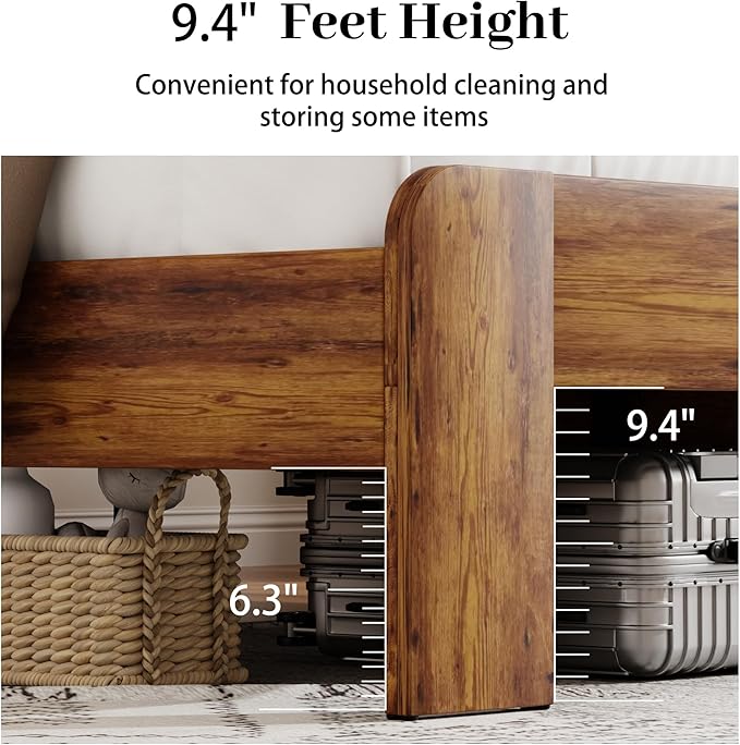 Queen Size Wooden Bed Frame with Bookcace Storage Headboard, Rustic Farmhouse Bedframe with LED Lights and Charging Station, Sturdy and Stable, Slat Support, No Box Spring Required (Brown, Queen)