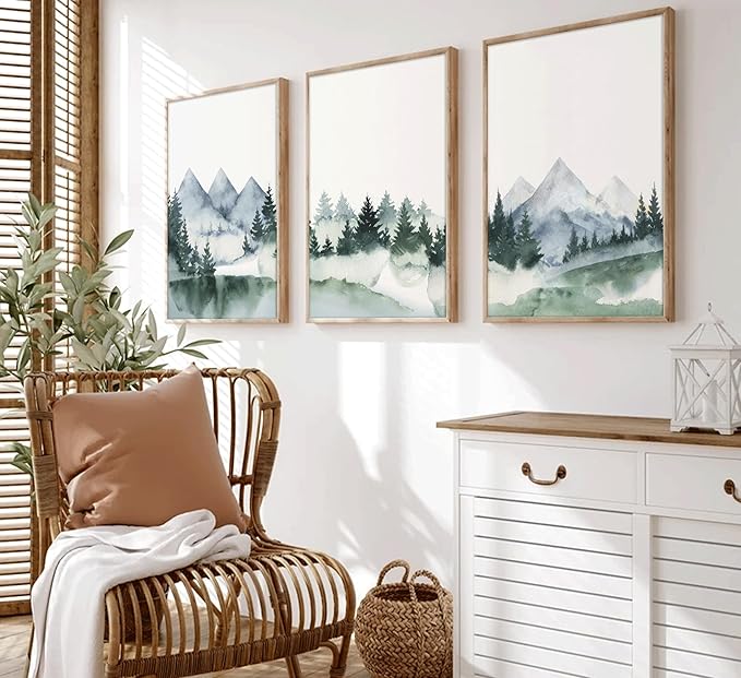 3 Pcs Modern Mountains Canvas Wall Art Green Watercolor Misty Pine Forest Nature Minimalism Abstract Landscape Painting Picture Wall Decor Poster Print Artwork for Living Room Bedroom Office Unframed