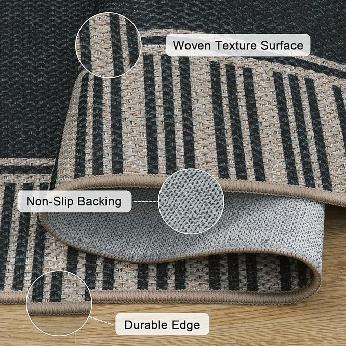 OJIA Easy Jute Outdoor Rug 8x10, Large Patio Rug Washable Area Rugs for Living Room Farmhouse Indoor Outdoor Carpet Striped Border Modern Non-Slip Black Rug for Bedroom Backyard Office Decor
