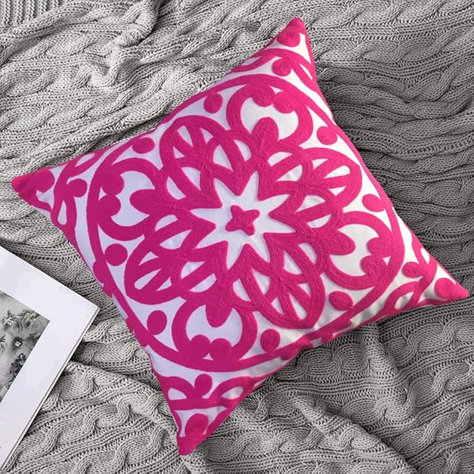 Alysheer Embroidered Decorative Throw Pillow Cover 20"x 20", Boho Mandala Modern Thick Embroidery Pattern, Durable Cotton Canvas Soft Cushion Case for Sofa Couch Bed Living Room (Bright Hot Pink)