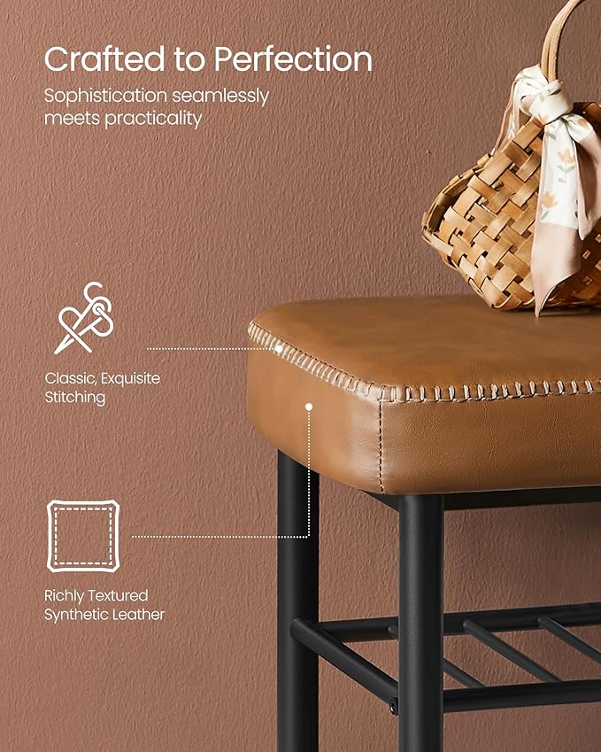 VASAGLE EKHO Collection - Shoe Rack Bench, Storage Bench for Entryway, Synthetic Leather with Stitching, Mid-Century Modern, Loads 300 lb, 11.8 x 31.5 x 19.7 Inches, Caramel Brown ULSB054K01