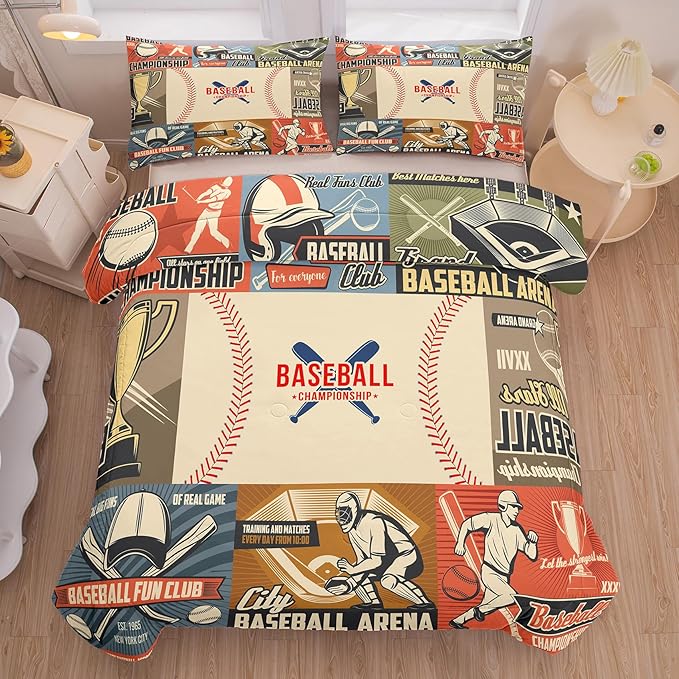 Tailor Shop Baseball Comforter Set, Full Size Sports Bedding for Boys with 2 Pillowcases