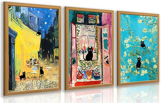 FASWQ Whimsical Black Cat Wall Art, Van Gogh Matisse Picasso Wall Decor, Funny Bathroom Canvas Paintings, Cute Animal Aesthetic Pictures for Living Room Kids' Room Wood Framed Ready to Hang 16"x24"x3