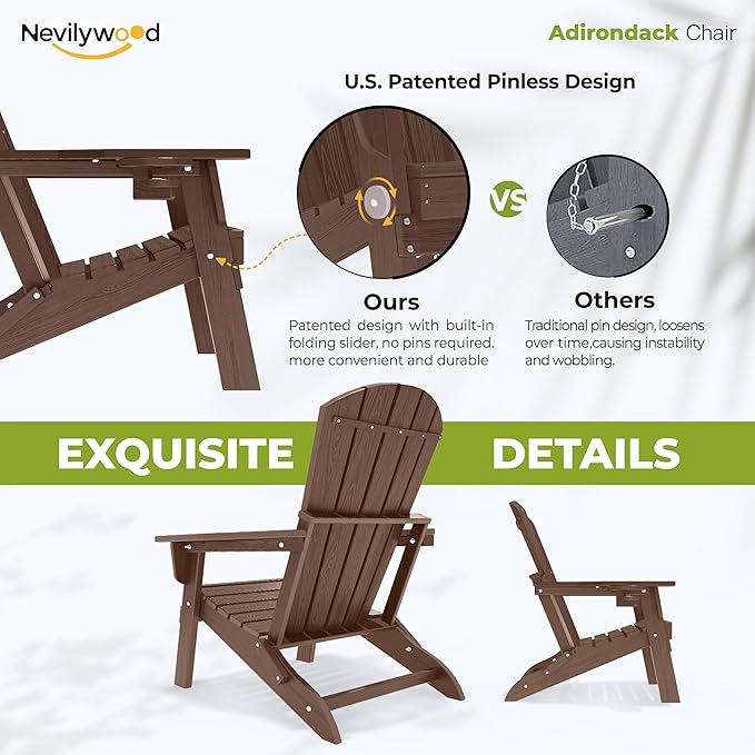 nevilywood Folding Adirondack Chair with Cup Holder Set of 4, HDPE Patio Chairs,All-Weather Outdoor Chairs for Backyard, Deck,Fire Pit-Coffee