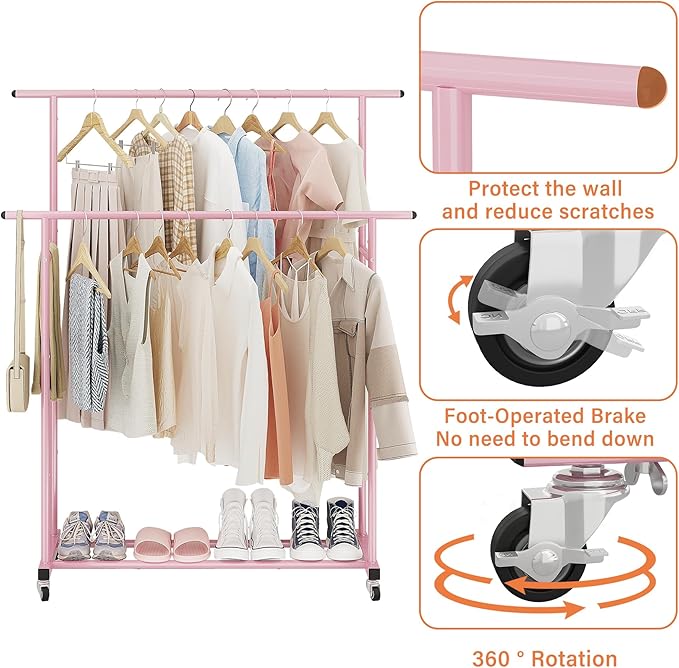 Calmootey Double Rod Clothing Garment Rack,Rolling Hanging Clothes Rack,Portable Clothes Organizer for Bedroom,Living Room,Clothing Store,Pink