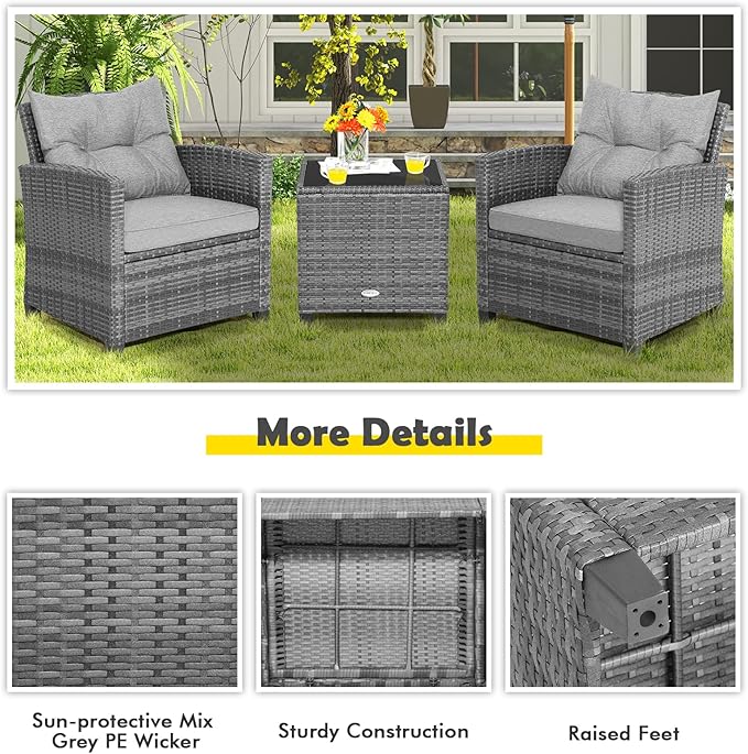 Tangkula 3 Pieces Patio Furniture Set, Outdoor PE Rattan Conversation Chair Set with Tempered Glass Side Table and Removable Cushions, PE Wicker Chairs and Table Set for Porch, Balcony and Garden