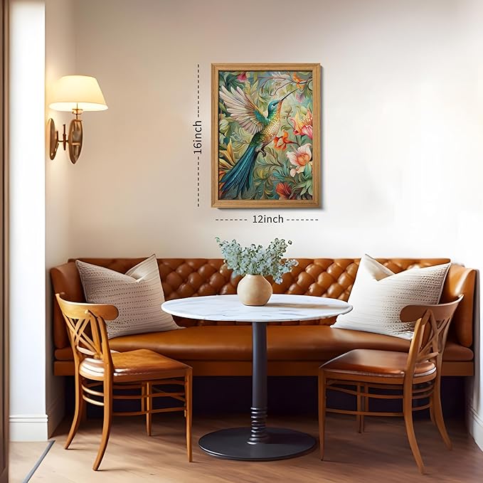 Framed Vintage 3D Textured Wall Art - Colorful Hummingbird Floral Wall Decor - Hand Painted Sandstone Nature Botanical Picture for Living Room Bedroom Home Decor 12x16 inch