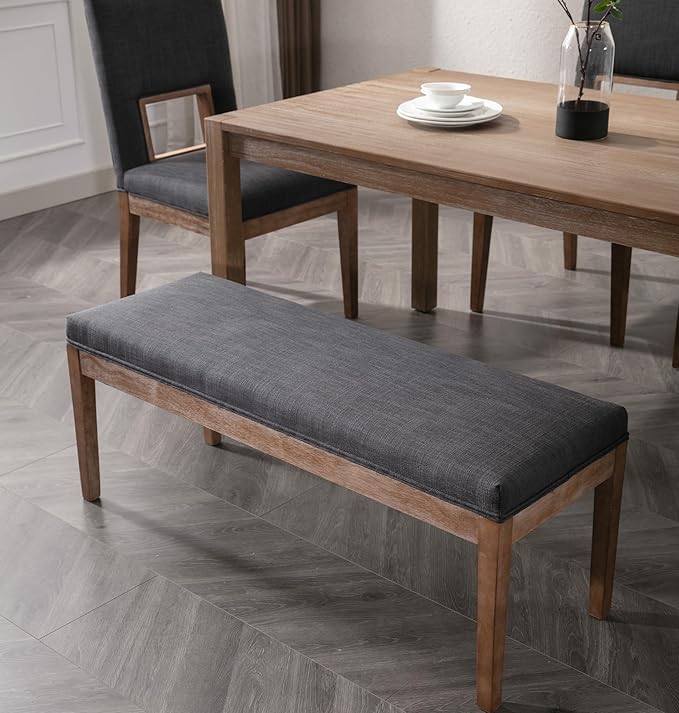 Linen Dining Bench Upholstered Entryway Bench Farmhouse Shoe Bench Seat Ottoman for Hallway Living Room Bedroom End of Bed Dining Room Kitchen, 45.5" Long, Charcoal