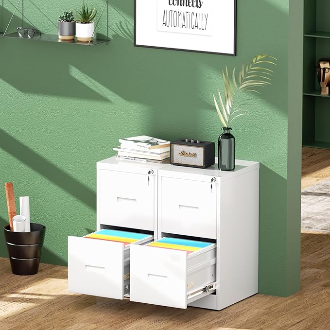 Greenvelly 18" D File Cabinet, 2 Drawer Filing Cabinet with Lock, Locking Vertical File Cabinet for Home Office, White Metal File Cabinet for Hanging Letter/Legal Folders, Easy Assemble