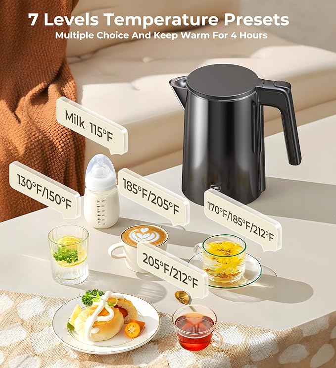 Electric Kettle, 1.0L 1200W Fast Heat with Auto Shut-Off, Boil-Dry Proof, 7 Temperature Control Teapot, Double Wall Stainless Steel Water Boiler Heater, 4H Keep Warm, Cool Touch Coffee Tea Pot, Black