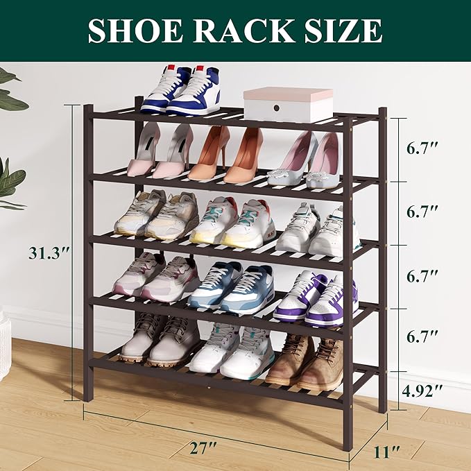 Smiry Bamboo Shoe Rack for Closet, 5 Tier Wooden Stackable Shoe Organizer, Free Standing Shoes Storage Shelf for Entryway, Front Door Entrance, Brown