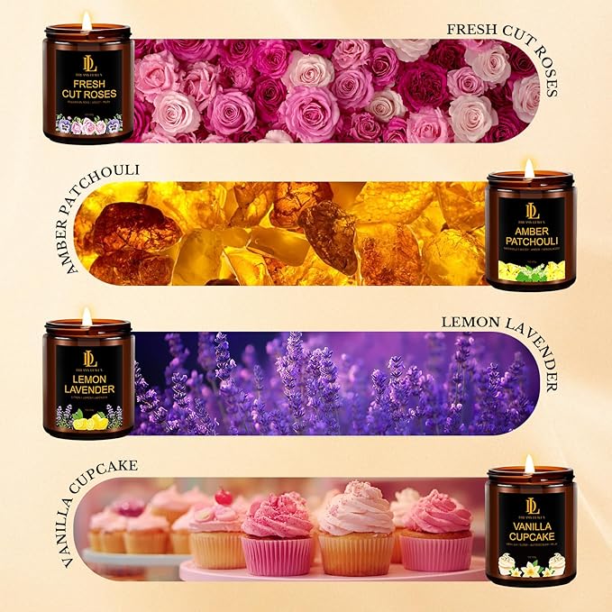 4 Pack Scented Candles Gift Set, 28oz Soy Candle for Home Scented, Aromatherapy Candle Gifts for Women & Men, Scents of Fresh Cut Roses/Lemon Lavender/Vanilla Cupcake/Amber Patchouli