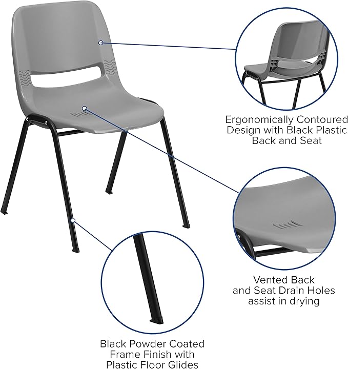 EMMA + OLIVER Gray Ergonomic Shell Student Stack Chair - Classroom Chair / Office Guest Chair