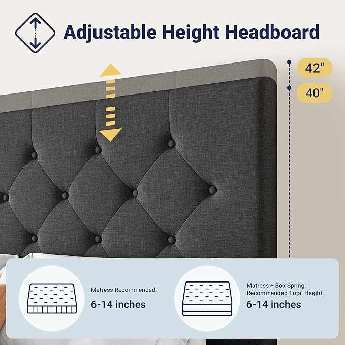 Allewie Upholstered Queen Size Platform Bed Frame with 4 Storage Drawers and Headboard, Diamond Stitched Button Tufted, Mattress Foundation with Wooden Slats Support, No Box Spring Needed, Dark Grey