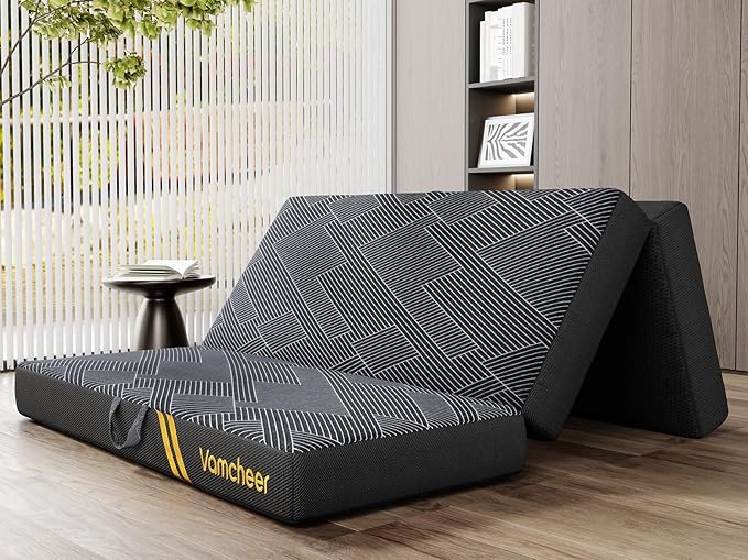 Vamcheer Tri Folding Mattress Full Size - 6 Inch Foldable Mattress Portable Tri-fold Memory Foam Mat, Handle & Non-Slip Bottom with Washable Cover for Travel RV Camping Guest, 73"x52"x6", Grey