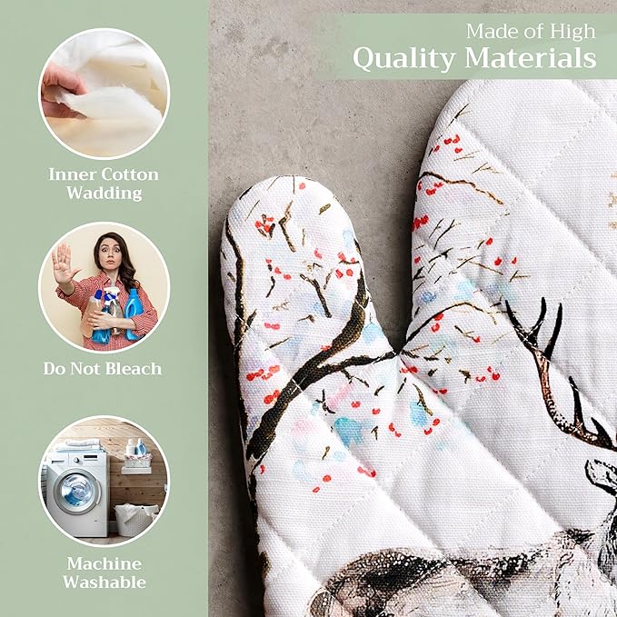 Maison d' Hermine Oven Gloves 100% Cotton Oven Mitt 7" x 13" with Loop Heat Resistant BBQ Cooking Gloves for Thanksgiving Christmas Decorations Baking Handling Hot Pans (Pack of 1, Rural Christmas)